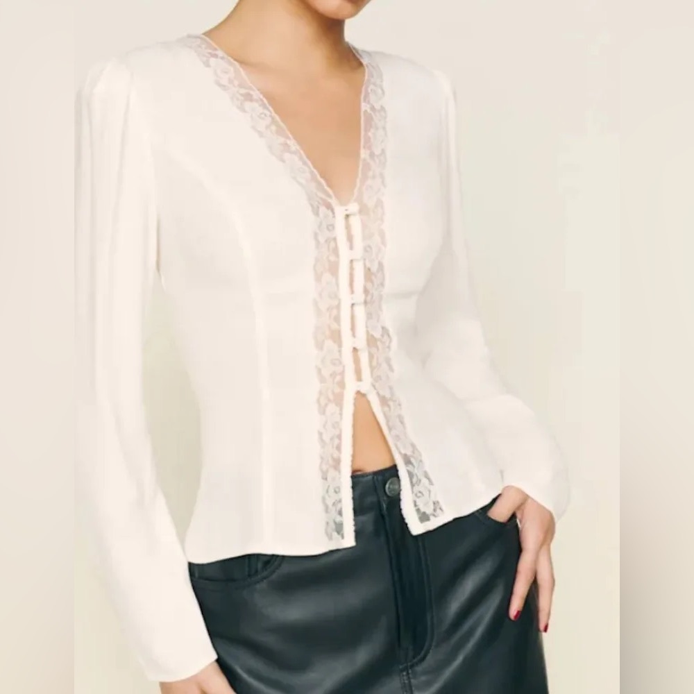 Reformation Nadene Top Ivory Lace Trim Blouse Viscose - Picture 2 of 15